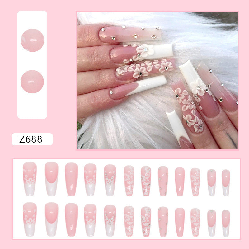 Long French Style Flower Design Press-On Nails
